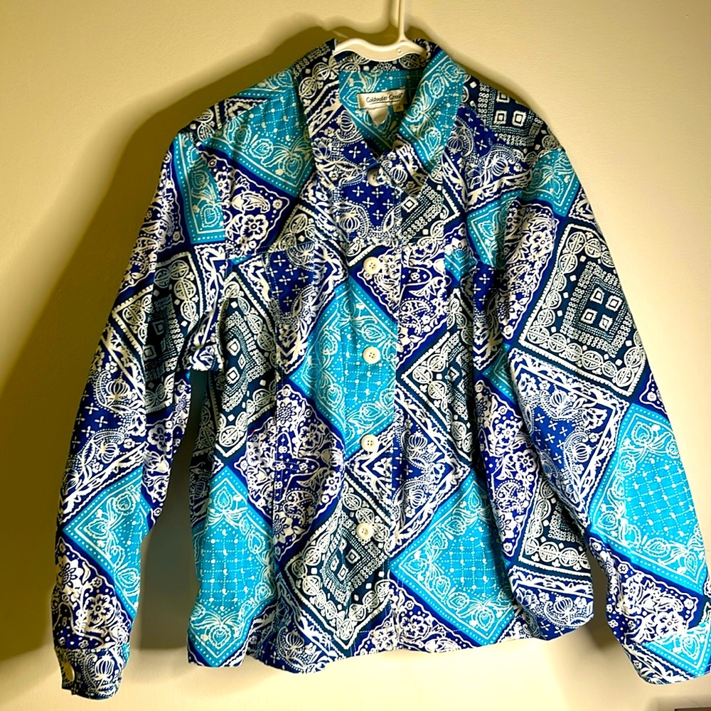 Coldwater Creek jean jacket size 2x pockets floral blue white patchwork design